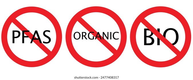 Set allergen free icons. Allergen free products. Products warning symbols. Lactose, gluten, sugar, corn, egg, trans fat, soy, nuts free, coffeine , bio ,gluten,msg, pfas sign.