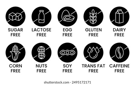 Set allergen free icons. Allergen free products. Products warning symbols. Lactose, gluten, sugar, corn, egg, trans fat, soy, nuts free, coffeine sign.