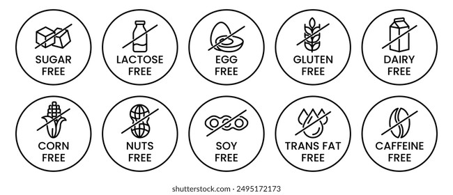 Set allergen free icons. Allergen free products. Products warning symbols. Lactose, gluten, sugar, corn, egg, trans fat, soy, nuts free, coffeine sign.