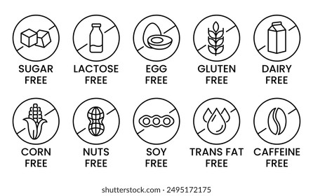 Set allergen free icons. Allergen free products. Products warning symbols. Lactose, gluten, sugar, corn, egg, trans fat, soy, nuts free, coffeine sign.