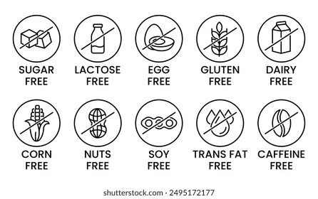 Set allergen free icons. Allergen free products. Products warning symbols. Lactose, gluten, sugar, corn, egg, trans fat, soy, nuts free, coffeine sign.