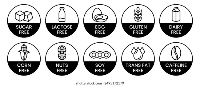 Set allergen free icons. Allergen free products. Products warning symbols. Lactose, gluten, sugar, corn, egg, trans fat, soy, nuts free, coffeine sign.