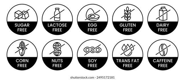 Set allergen free icons. Allergen free products. Products warning symbols. Lactose, gluten, sugar, corn, egg, trans fat, soy, nuts free, coffeine sign.