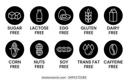 Set allergen free icons. Allergen free products. Products warning symbols. Lactose, gluten, sugar, corn, egg, trans fat, soy, nuts free, coffeine sign.