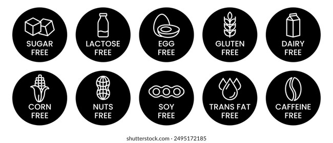 Set allergen free icons. Allergen free products. Products warning symbols. Lactose, gluten, sugar, corn, egg, trans fat, soy, nuts free, coffeine sign.