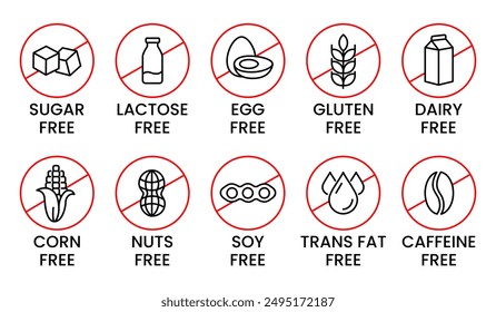 Set allergen free icons. Allergen free products. Products warning symbols. Lactose, gluten, sugar, corn, egg, trans fat, soy, nuts free, coffeine sign.