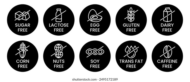 Set allergen free icons. Allergen free products. Products warning symbols. Lactose, gluten, sugar, corn, egg, trans fat, soy, nuts free, coffeine sign.