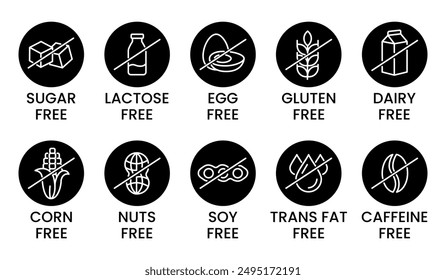 Set allergen free icons. Allergen free products. Products warning symbols. Lactose, gluten, sugar, corn, egg, trans fat, soy, nuts free, coffeine sign.