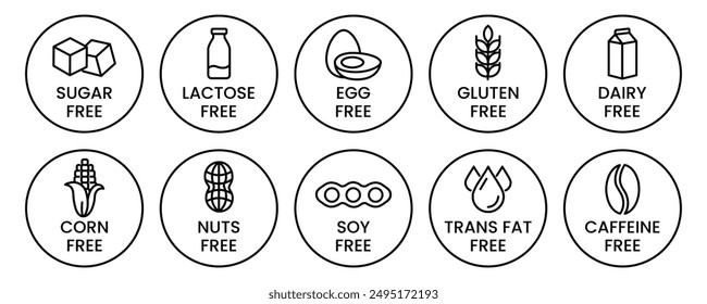 Set allergen free icons. Allergen free products. Products warning symbols. Lactose, gluten, sugar, corn, egg, trans fat, soy, nuts free, coffeine sign.