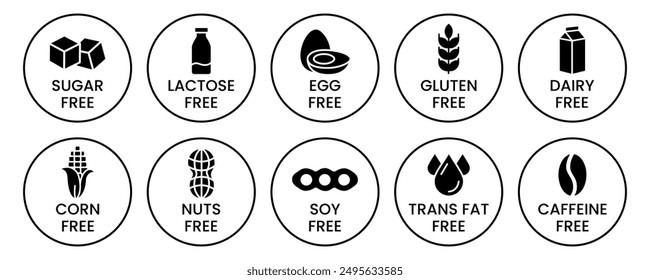 Set allergen free icons. Allergen free products. Products warning symbols. Lactose, gluten, sugar, corn, egg, trans fat, soy, nuts free, coffeine sign.