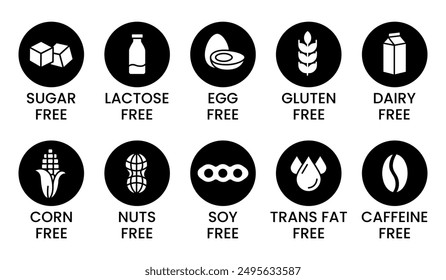 Set allergen free icons. Allergen free products. Products warning symbols. Lactose, gluten, sugar, corn, egg, trans fat, soy, nuts free, coffeine sign.