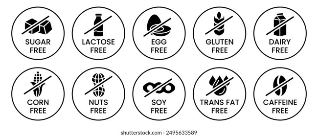 Set allergen free icons. Allergen free products. Products warning symbols. Lactose, gluten, sugar, corn, egg, trans fat, soy, nuts free, coffeine sign.