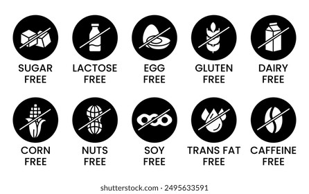 Set allergen free icons. Allergen free products. Products warning symbols. Lactose, gluten, sugar, corn, egg, trans fat, soy, nuts free, coffeine sign.