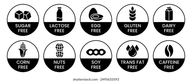 Set allergen free icons. Allergen free products. Products warning symbols. Lactose, gluten, sugar, corn, egg, trans fat, soy, nuts free, coffeine sign.