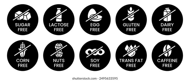 Set allergen free icons. Allergen free products. Products warning symbols. Lactose, gluten, sugar, corn, egg, trans fat, soy, nuts free, coffeine sign.