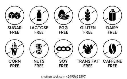 Set allergen free icons. Allergen free products. Products warning symbols. Lactose, gluten, sugar, corn, egg, trans fat, soy, nuts free, coffeine sign.