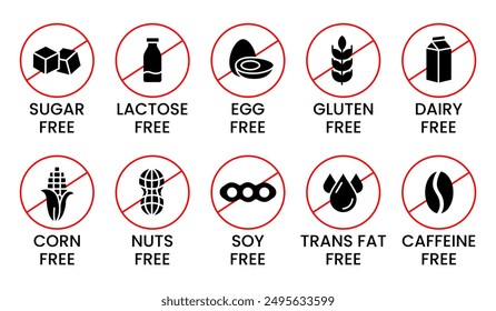 Set allergen free icons. Allergen free products. Products warning symbols. Lactose, gluten, sugar, corn, egg, trans fat, soy, nuts free, coffeine sign.