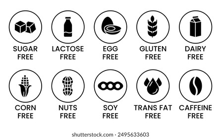 Set allergen free icons. Allergen free products. Products warning symbols. Lactose, gluten, sugar, corn, egg, trans fat, soy, nuts free, coffeine sign.