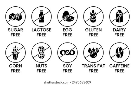 Set allergen free icons. Allergen free products. Products warning symbols. Lactose, gluten, sugar, corn, egg, trans fat, soy, nuts free, coffeine sign.