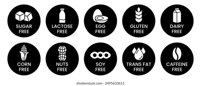 Set allergen free icons. Allergen free products. Products warning symbols. Lactose, gluten, sugar, corn, egg, trans fat, soy, nuts free, coffeine sign.