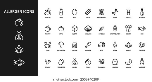 Set allergen free icons. Allergen free products. Products warning symbols. Lactose, gluten, sugar, corn, egg, trans fat, soy, nuts, caffeine sign