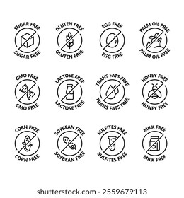 Set allergen free icons. Allergen free products. Products warning symbols. Lactose, gluten, sugar, corn, egg, trans fat, soy, nuts free, coffeine sign.