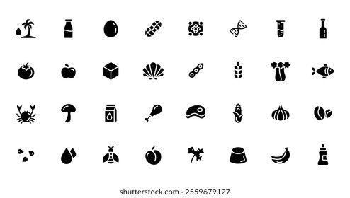 Set allergen free icons. Allergen free products. Products warning symbols. Lactose, gluten, sugar, corn, egg, trans fat, soy, nuts free, coffeine sign.