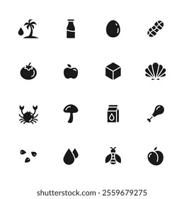 Set allergen free icons. Allergen free products. Products warning symbols. Lactose, gluten, sugar, palm oil, egg, trans fat, soy, nuts free, peach sign.