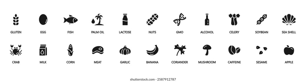 Set allergen free icons. Allergen free products. Products warning symbols. Lactose, gluten, sugar, corn, egg, trans fat, soy, nuts free, caffeine sign.