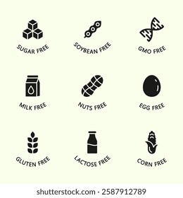 Set allergen free icons. Allergen free products. Products warning symbols. Lactose, gluten, sugar, corn, egg, trans fat, soy, nuts free, caffeine sign.