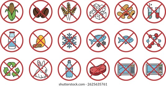 Set allergen free icons. Allergen free products. Products warning symbols. 