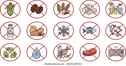 Set allergen free icons. Allergen free products. Products warning symbols. 