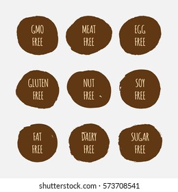 Set of allergen free stickers. GMO, soy, meat, egg, gluten, nut, fat, dairy, sugar. Grunge.