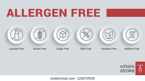 Set of allergen icons. Simple outline style. Gluten Free, Lactose Free, GMO Free, Paraben, Food additive, Sugar free. Thin line vector illustration. Editable stroke EPS 10.