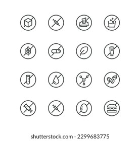 Set of allergen related icons, gluten free, hormone, medicine, pill, wet wipes, fast food, wheat and linear variety vectors.