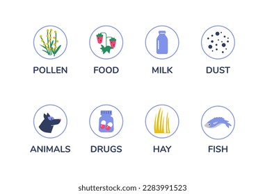 Set of allergens icons, flat vector illustration isolated on white background. Different allergens in circles - pollen, food, dust, milk, animal fur, drugs and fish.