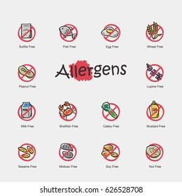 Set of allergens icons isolated on light background. Contains such icons as fish, egg, peanut, milk, sesame and more.