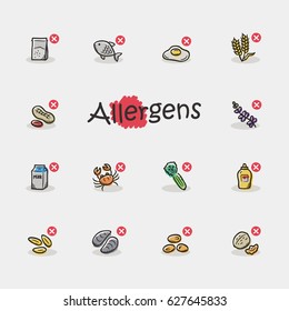 Set of allergens icons isolated on light background. Contains such icons as fish, egg, peanut, milk, sesame and more.