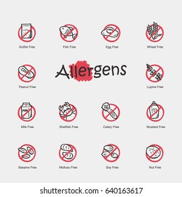 Set of allergens icons isolated on light background. Contains such icons as fish, egg, peanut, milk, sesame and more.