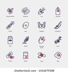 Set of allergens line icons with red accent isolated on light background. Contains such icons as fish, egg, nuts, milk, sesame and more.