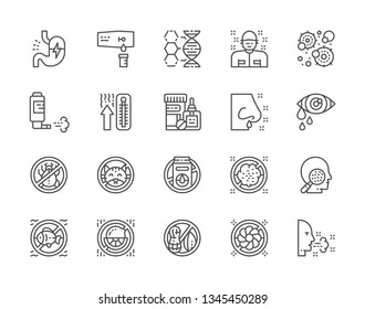 Set of Allergy and Allergens Line Icons. Patient, Microbes, Inhalation Spray, Thermometer, Medical Drugs, Skin Problems and more. Pack of 48x48 Pixel Icons