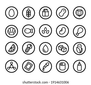 Set of allergy ingredient icons, common allergen warning. Gluten and nuts, eggs and dairy, artificial sweeteners and preservatives, and more. Simple line icon style.