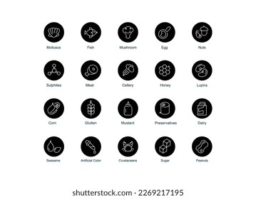 Set of allergy ingredient warning icons in monoline style.