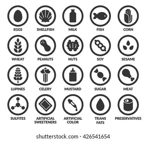 Set of allergy ingredient warning icons. Common allergens symbols. Gluten and sesame sensitivity, fish, soy, artificial colors and preservatives, and more. svg