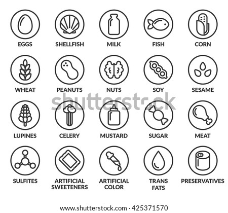 Set of allergy ingredient warning labels. Common allergens icons. Gluten and sulfite sensitivity, celery and mustard, artificial sweeteners and preservatives, and more. Foto d'archivio © 