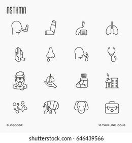 Set of allergy symptoms and the most common allergens thin line style icons. Asthma inhaler. Vector illustration.