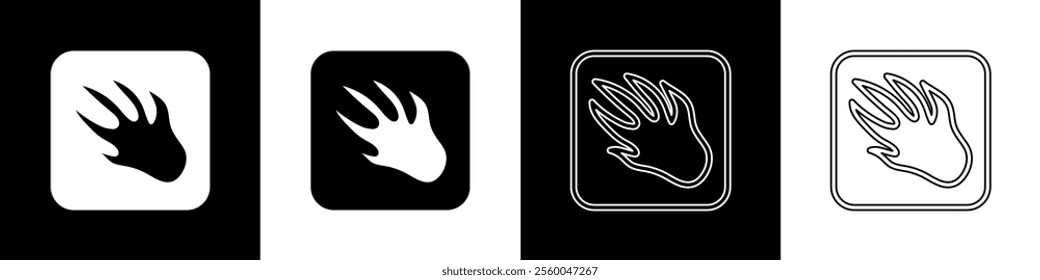 Set Alligator crocodile paw footprint icon isolated on black and white background.  Vector