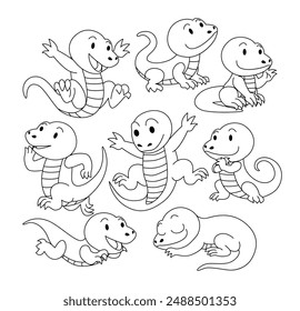 Conjunto de colección de garabato de caimán, dibujo de cocodrilo para colorear página de animales para kindergarten, línea de arte conjunto de animales de la fauna, dibujado a mano, garabato de línea de cocodrilo mínimo en diferente pose