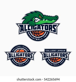 Set of alligator mascot for a basketball team. Vector illustration.