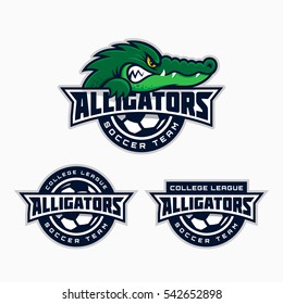 Set of alligator mascot for a soccer team. Vector illustration.